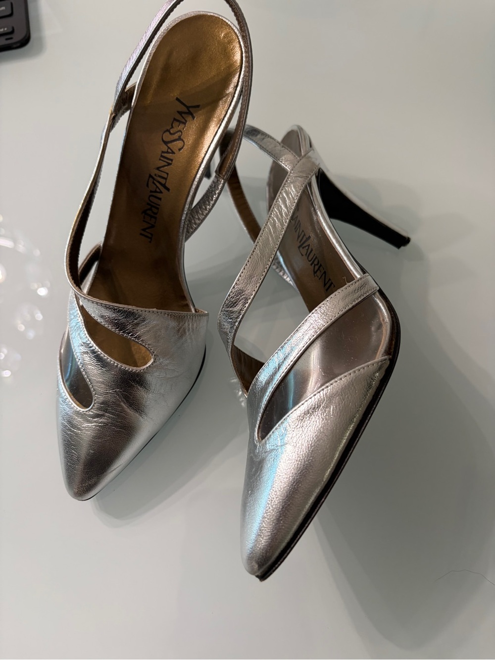 Yves Saint Laurent Iridescent Silver Pointed Slingback Pumps - Picture 3 of 8